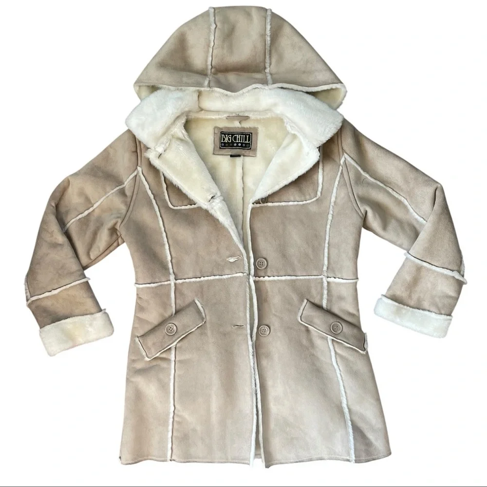 VINTAGE 90s Cream Faux Suede & Fur Hooded Coat Size Large - Picture 8 of 15